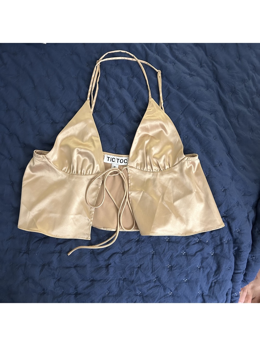 TIC TOC "Tiana" Satin Halter Crop Top Gold / Champagne - Small